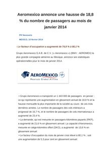 Aeromexico annonce une hausse de 18,8 % du nombre de passagers au mois de janvier 2014
