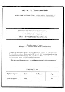 Bacpro produits indus mathematiques sciences physiques 2001
