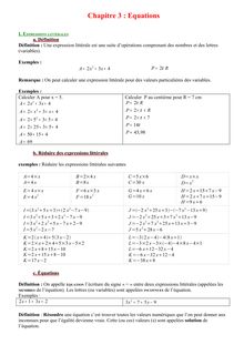 Chapitre Equations I EXPRESSIONS LITTÉRALES