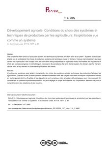Développement agricole: Conditions du choix des systèmes et techniques de production par les agriculteurs: l exploitation vue comme un système - article ; n°1 ; vol.119, pg 61-61
