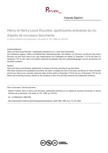Henry et Henry-Louis Rouvière, apothicaires ordinaires du roi, d après de nouveaux documents - article ; n°270 ; vol.74, pg 219-233