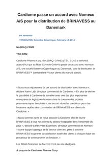 Cardiome passe un accord avec Nomeco A/S pour la distribution de BRINAVESS au Danemark