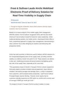 Frost & Sullivan Lauds Airclic Mobilized Electronic Proof of Delivery Solution for Real-Time Visibility in Supply Chain