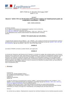 Décret n° du décembre portant création de l établissement public de coopération scientifique héSam