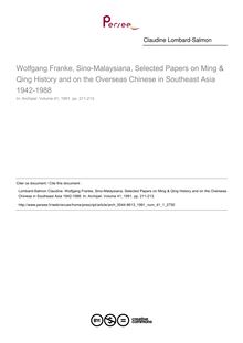 Wolfgang Franke, Sino-Malaysiana, Selected Papers on Ming & Qing History and on the Overseas Chinese in Southeast Asia 1942-1988  ; n°1 ; vol.41, pg 211-213
