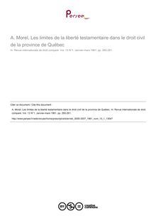 A. Morel, Les limites de la liberté testamentaire dans le droit civil de la province de Québec - note biblio ; n°1 ; vol.13, pg 260-261