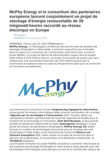 McPhy Energy et le consortium des partenaires européens lancent conjointement un projet de stockage d énergie renouvelable de 39 mégawatt-heures raccordé au réseau électrique en Europe