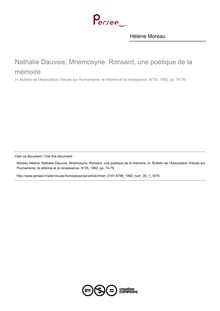Nathalie Dauvois, Mnemosyne. Ronsard, une poétique de la mémoire  ; n°1 ; vol.35, pg 74-76