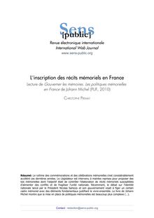  L inscription des récits mémoriels en France Lecture de Gouverner les mémoires. Les politiques mémorielles en France de Johann Michel (PUF, 2010)