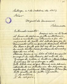 Carta de Jorge Solís de Ovando a Miguel de Unamuno. Santiago de Chile, 3 de octubre de 1913