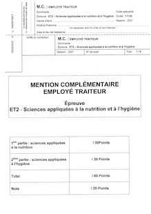 Sciences appliquées à la nutrition et à l hygiène 2007 MC Employe traiteur