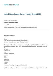 United States Laptop Battery Market Report 2016 