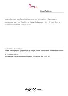 Les effets de la globalisation sur les inégalités régionales : quelques apports fondamentaux de l économie géographique - article ; n°164 ; vol.41, pg 775-790