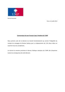 Communiqué de Jean-François Copé, Président de l’UMP à propos de la décision du Conseil Constitutionne