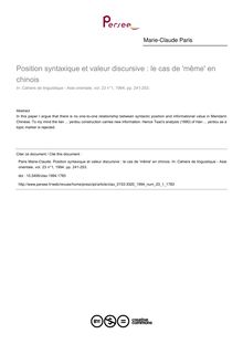 Position syntaxique et valeur discursive : le cas de  même  en chinois - article ; n°1 ; vol.23, pg 241-253