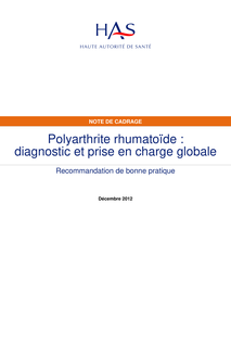 Polyarthrite rhumatoïde  diagnostic et prise en charge globale - Note de cadrage
