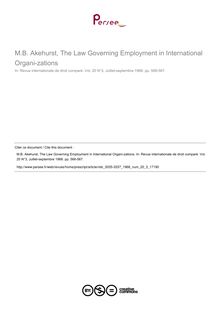 M.B. Akehurst, The Law Governing Employment in International Organi-zations - note biblio ; n°3 ; vol.20, pg 566-567