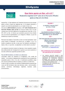 Studyrama organise le 21e saon de la Poursuite d Etudes après un Bac +2/+3 à Paris le 13 janvier 2018