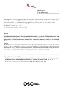 Que peut nous apprendre la théorie des coûts de transaction sur les relations opérateurs-équipementiers dans le secteur des télécommunications ? - article ; n°84 ; vol.15, pg 111-136