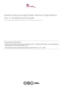 Institute of Advanced Légal Studies, Manual of Légal Citations, Part. II : The British Commonwealth - note biblio ; n°1 ; vol.14, pg 214-214