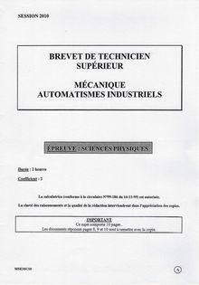 Sciences physiques 2010 BTS Mécanique et automatismes industriels