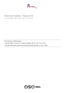 Table des matières - Volume CIII - table ; n°4 ; vol.103, pg 731-732