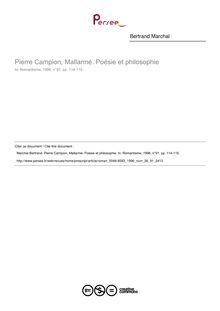 Pierre Campion, Mallarmé. Poésie et philosophie  ; n°91 ; vol.26, pg 114-115