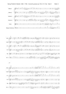 Partition , Allegro, Concerto Grosso en B-flat major, Solo: Oboe + 2 Violins, 2 Cellos Orchestra: 2 Oboes + 2 Violins, Viola, Cello + Continuo (Basses, Bassoons, Keyboard) I. Vivace: Oboe 1, 2, Violin 1, 2 (concertino), Violins I, II, Violas, Cellos / Continuo (Basses, Keyboard)II. Largo: Oboe (Solo), Violins I, II, Violas, Cello 1, 2 (concertino), Cellos / Continuo (Basses, Keyboard)III. Allegro: Oboe 1, 2, Violins I, II, Violas, Cello / Continuo (Basses, Keyboard)IV. Minuetto: Oboe 1, 2, Violin 1,2 (concertino), Violins I, II, Violas, Cellos / Continuo (Basses, Keyboard)V. Gavotte: Oboe 1, 2, Violins I, II, Violas, Cellos, Continuo (Basses, Bassoons, Keyboard)