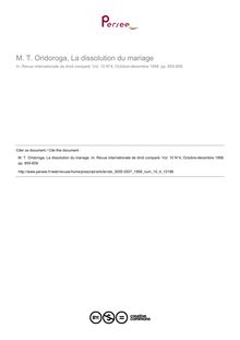 M. T. Oridoroga, La dissolution du mariage - note biblio ; n°4 ; vol.10, pg 855-859