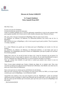 Discours de Nicolas Sarkozy lors du Congrès Fondateur du 30 mai 2015