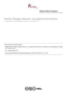 Parents, Portugais, Macarois : une trajectoire de recherche - article ; n°1 ; vol.10, pg 67-77