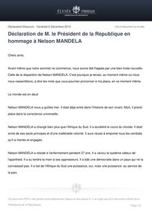 Déclaration de François Hollande en hommage à Nelson MANDELA