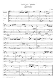 Partition viole de gambe aigue 1, anglais  No.1, BWV 806, A major par Johann Sebastian Bach