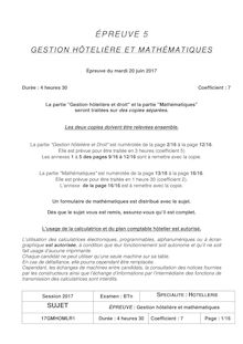 Bac Hôtellerie 2017 - Sujets de gestion hôtelière et mathématiques