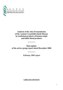 Analysis of the risk of transmission of the variant Creutzfeldt:Jakob Disease by medicinal products of human origin and labile blood products : Data update of the ad hoc group report dated December 2000 03/02/2002