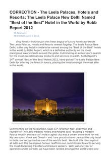 CORRECTION - The Leela Palaces, Hotels and Resorts: The Leela Palace New Delhi Named "Best of the Best" Hotel in the World by Robb Report 2012