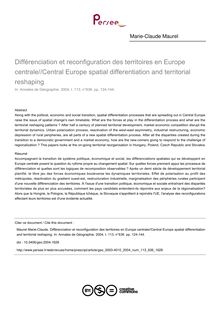 Différenciation et reconfiguration des territoires en Europe centrale//Central Europe spatial differentiation and territorial reshaping - article ; n°636 ; vol.113, pg 124-144