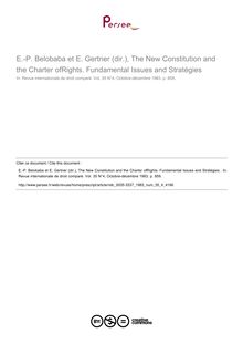 E.-P. Belobaba et E. Gertner (dir.), The New Constitution and the Charter ofRights. Fundamental Issues and Stratégies  - note biblio ; n°4 ; vol.35, pg 859-859