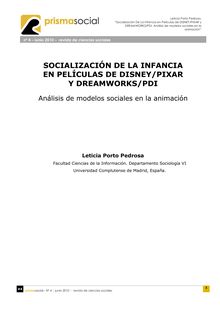 SOCIALIZACIÓN DE LA INFANCIA EN PELÍCULAS DE DISNEY/PIXAR Y DREAMWORKS/PDI