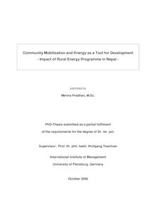 Community mobilization and energy as a tool for development [Elektronische Ressource] : impact of rural energy programme in Nepal / Merina Pradhan