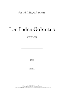Partition flûte 1, Les Indes galantes, Opéra-ballet, Rameau, Jean-Philippe