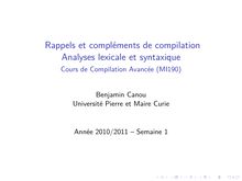  Rappels et compléments de compilation   Analyses lexicale et  syntaxique  - Cours de Compilation Avancée