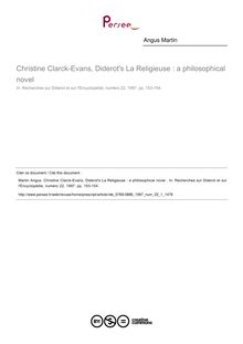 Christine Clarck-Evans, Diderot s La Religieuse : a philosophical novel   ; n°1 ; vol.22, pg 153-154