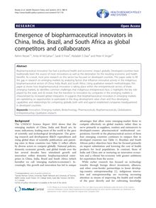 Emergence of biopharmaceutical innovators in China, India, Brazil, and South Africa as global competitors and collaborators