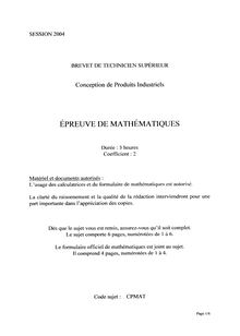 Mathématiques 2004 BTS Conception de produits industriels