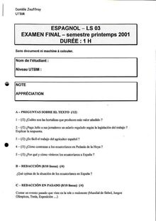 Espagnol pratique et examen international 2001 Université de Technologie de Belfort Montbéliard
