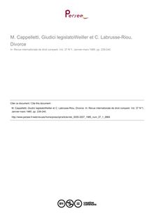 M. Cappelletti, Giudici legislatoWeiller et C. Labrusse-Riou, Divorce - note biblio ; n°1 ; vol.37, pg 239-240