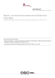 Macario : une version franco-italienne de la Chanson de la Reine Sébile  ; n°1 ; vol.19, pg 73-79