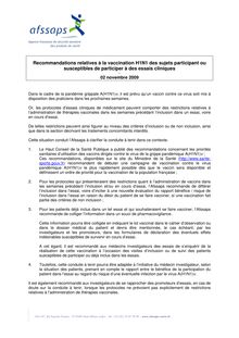 Recommandations relatives à la vaccination H1N1 des sujets participant ou susceptibles de participer à des essais cliniques 02/11/2009