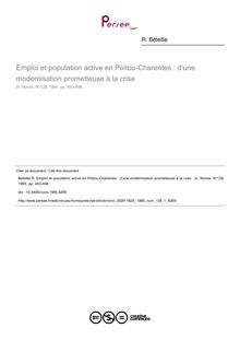 Emploi et population active en Poitou-Charentes : d une modernisation prometteuse à la crise  - article ; n°1 ; vol.128, pg 483-496
